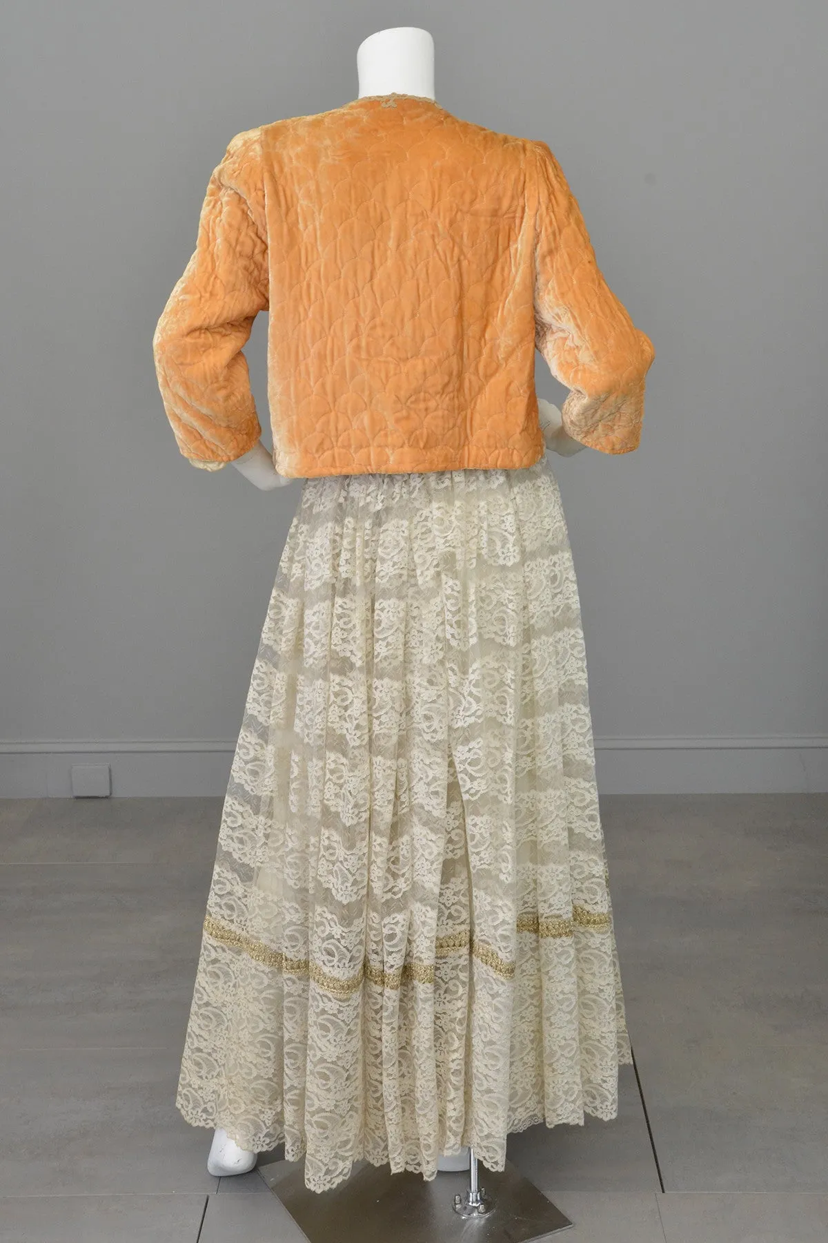 1930s Apricot Quilted Silk Velvet Bed Jacket Shrug