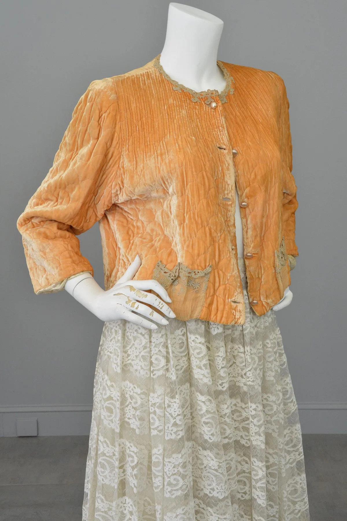 1930s Apricot Quilted Silk Velvet Bed Jacket Shrug