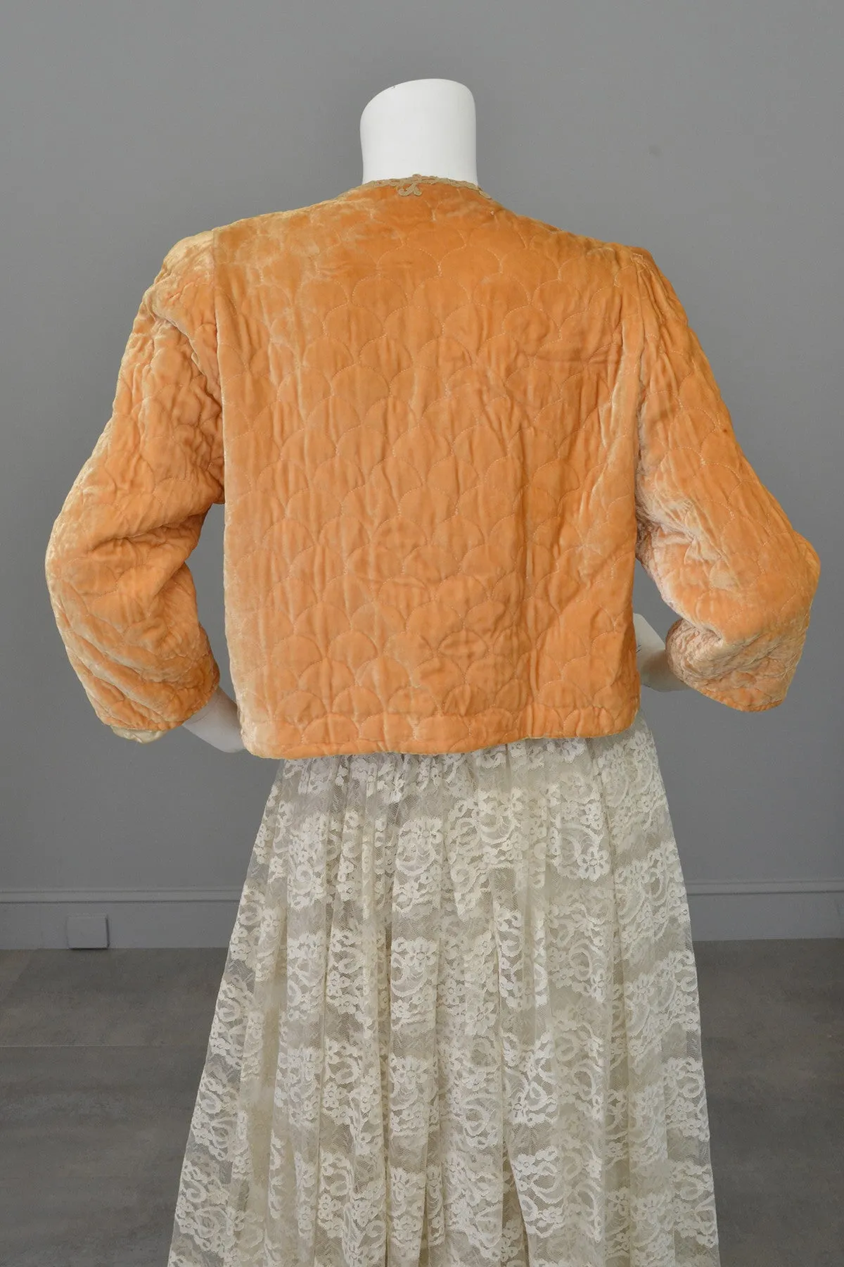 1930s Apricot Quilted Silk Velvet Bed Jacket Shrug