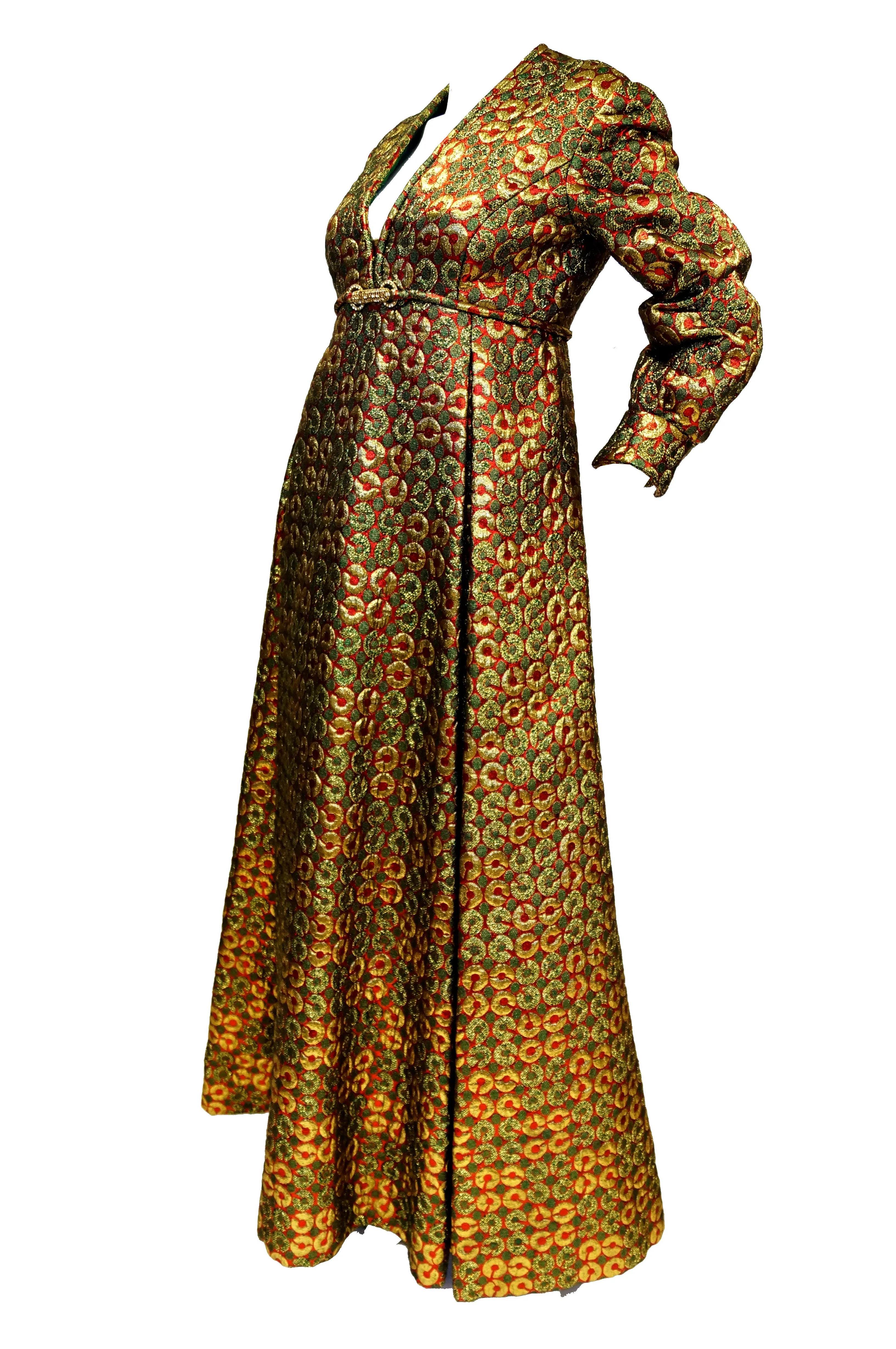 1970s Malcolm Starr Gold Green Metallic Maxi Dress Size 12