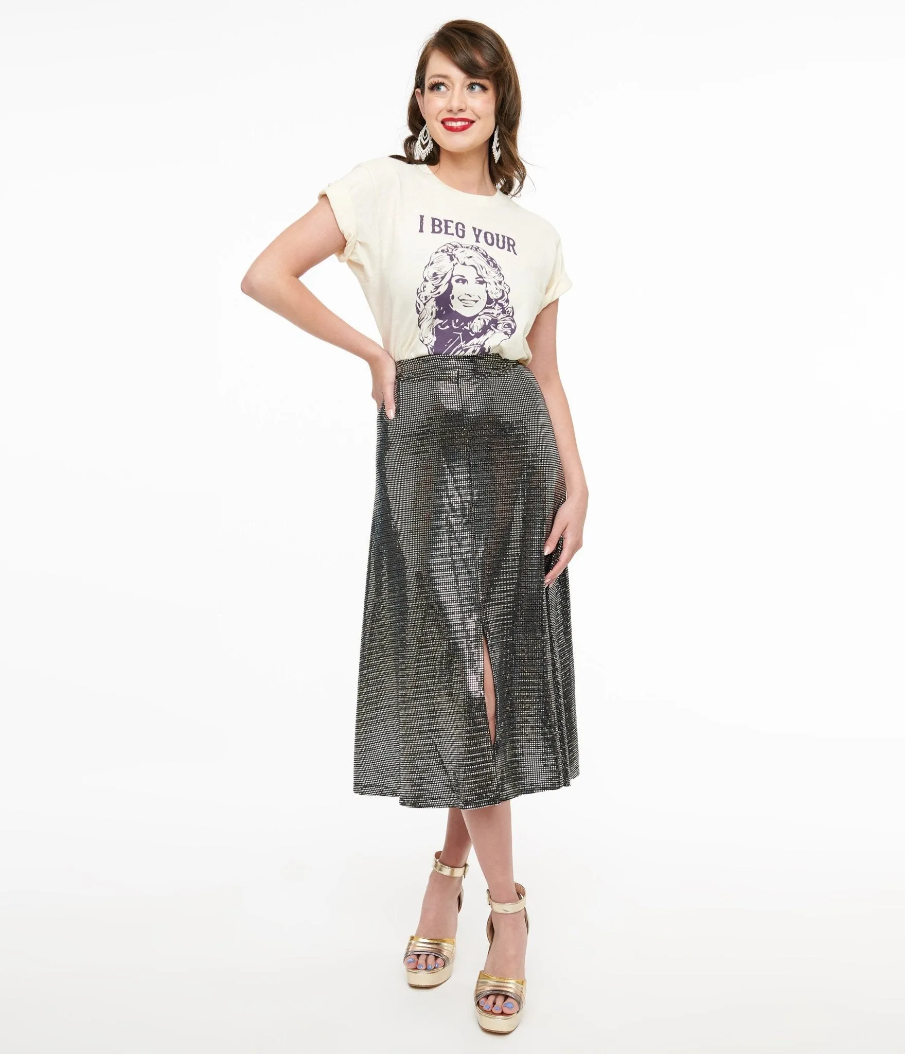 1970s Silver Boogie Night Midi Skirt