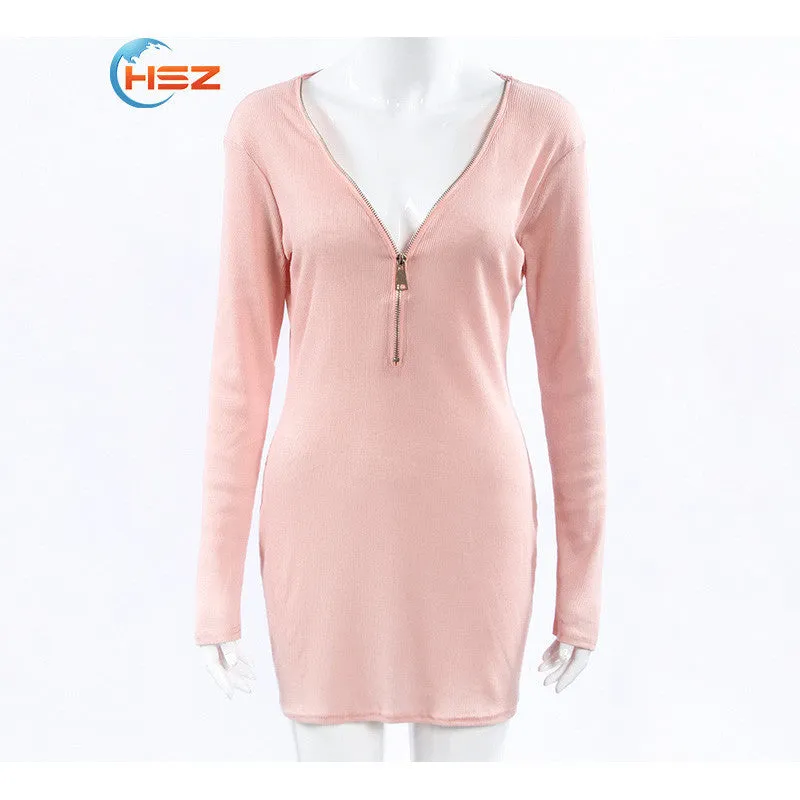 26 New Arrival Sexy Deep V-Neck Long Sleeve Women Dress Slim Solid Plus Size Causal Dress