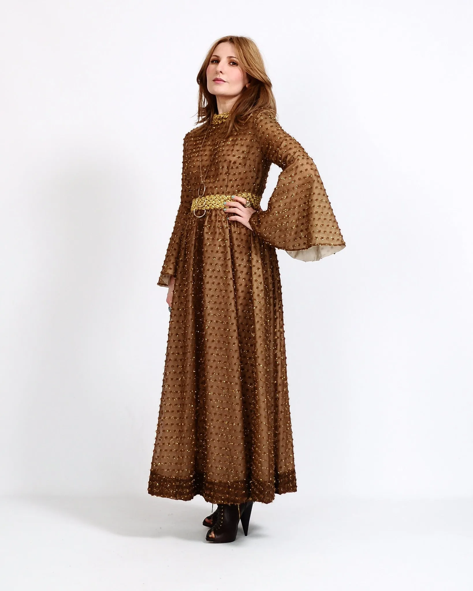 60s Metallic Bell Sleeve Maxi Dress