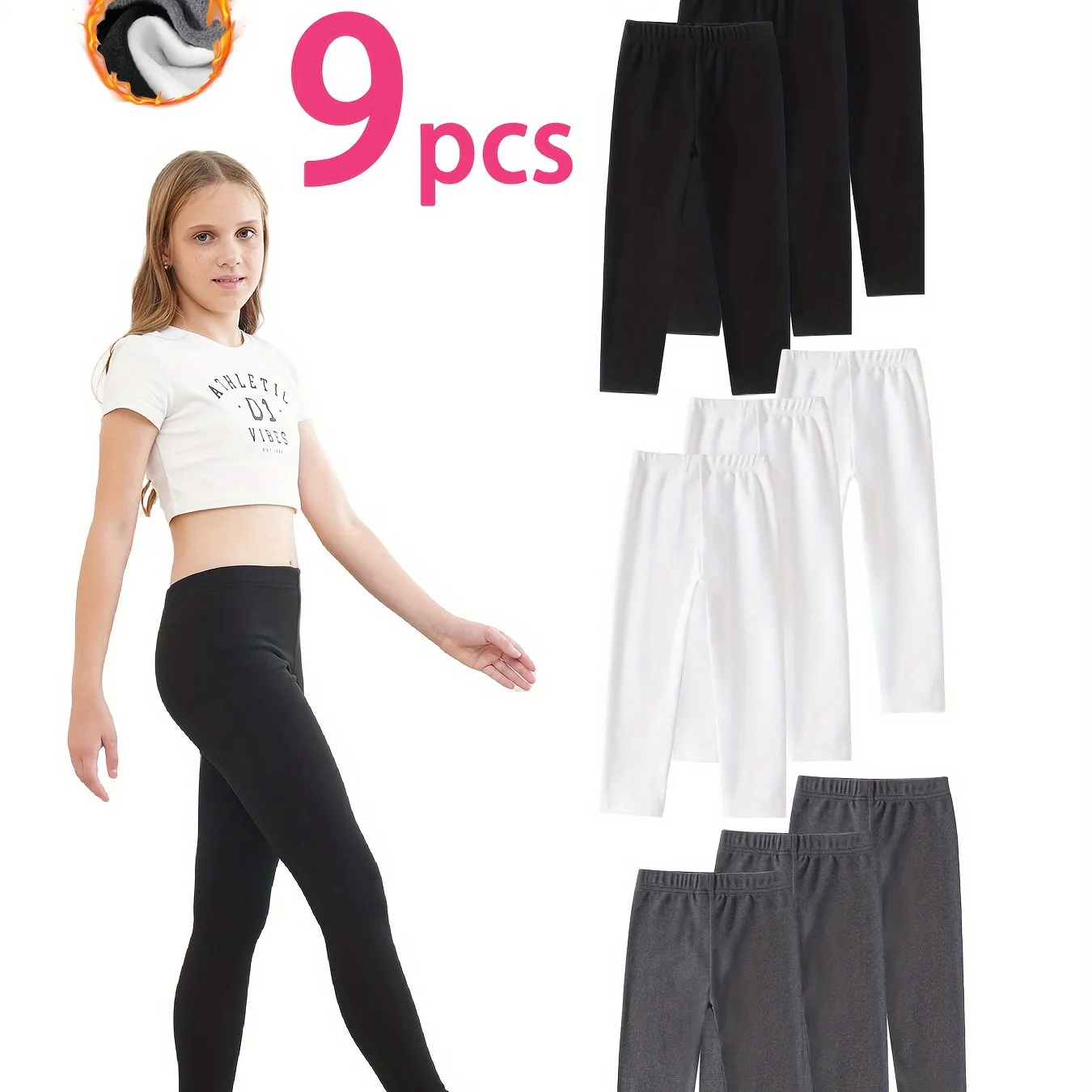 9 Pcs girls' velvet thermal leggings set, solid color, high stretch, comfortable warm pants