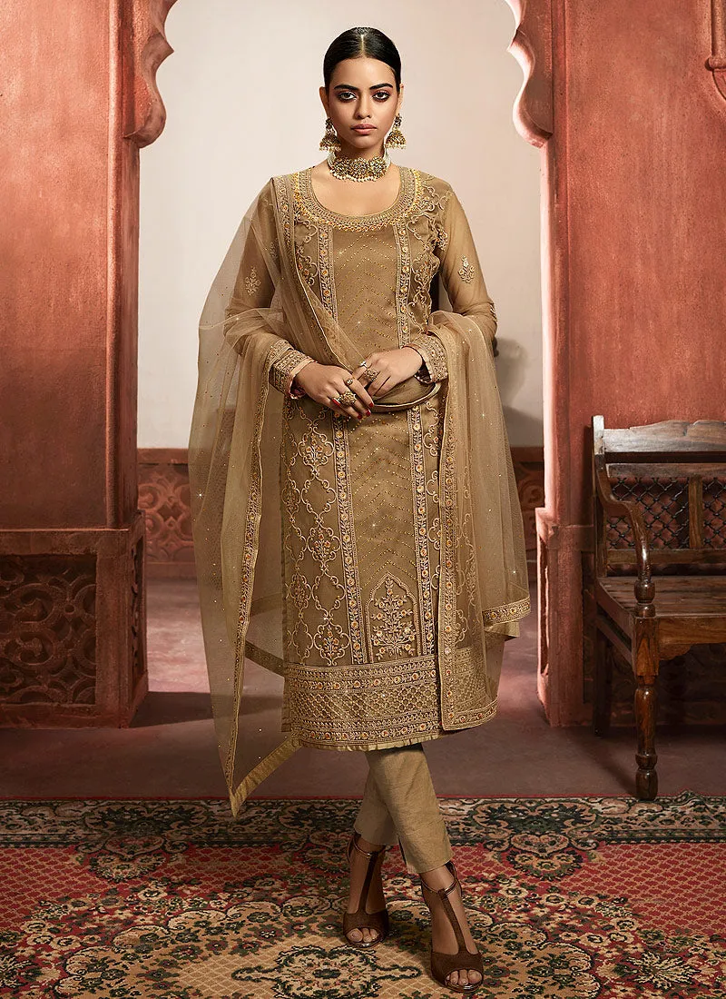 Beige Golden Embroidered Net Lehenga/Pant Suit