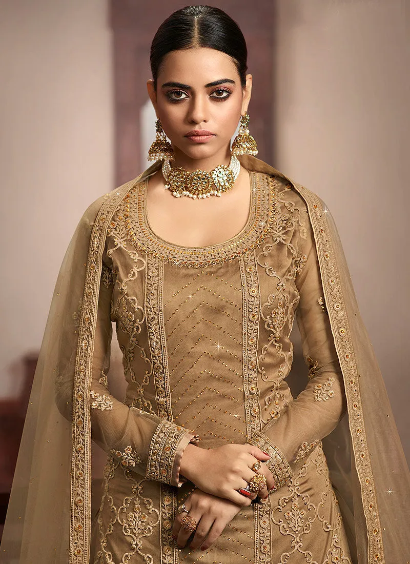 Beige Golden Embroidered Net Lehenga/Pant Suit