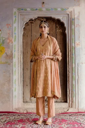 Beige Muslin Gota & Taari Detailing Suit Set with Soft Cotton Dupatta