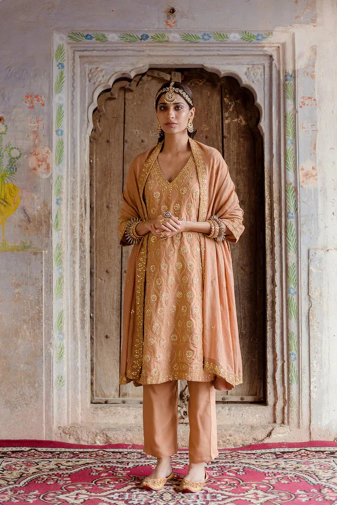 Beige Muslin Gota & Taari Detailing Suit Set with Soft Cotton Dupatta