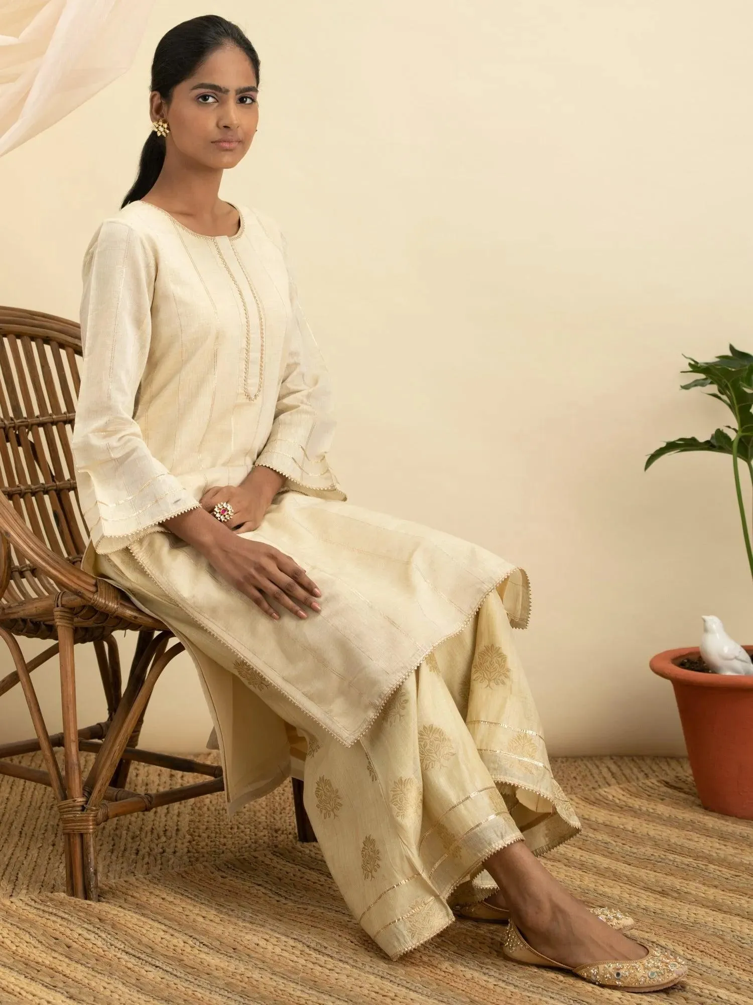 Beige Self Design Chanderi Silk Straight Kurta With Palazzos