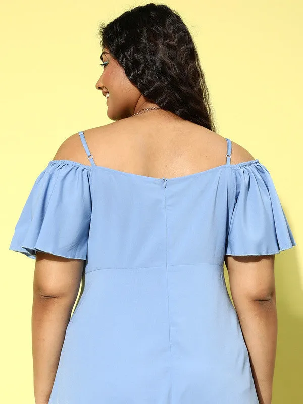 Berrylush Women Plus Size Solid Blue Off-Shoulder Neck Cold-Shoulder Sleeve Thigh-High Slit Flared Maxi Dress