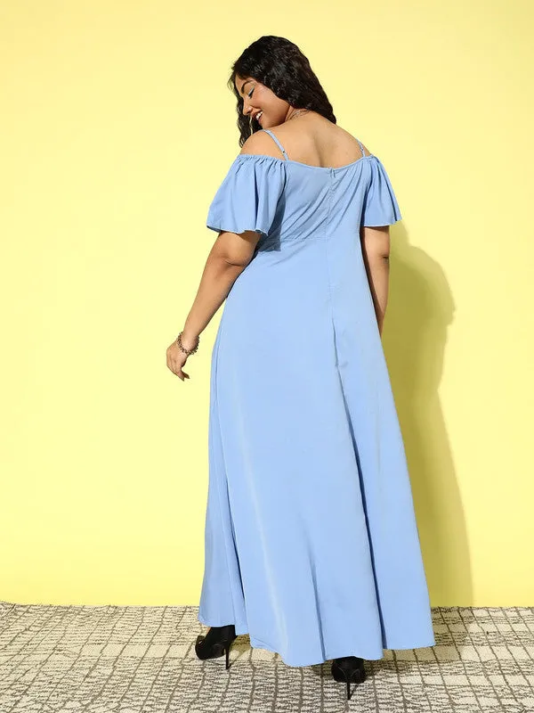 Berrylush Women Plus Size Solid Blue Off-Shoulder Neck Cold-Shoulder Sleeve Thigh-High Slit Flared Maxi Dress