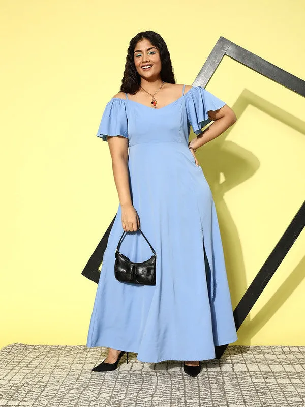 Berrylush Women Plus Size Solid Blue Off-Shoulder Neck Cold-Shoulder Sleeve Thigh-High Slit Flared Maxi Dress