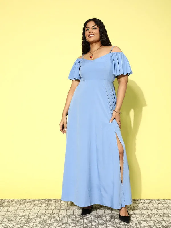 Berrylush Women Plus Size Solid Blue Off-Shoulder Neck Cold-Shoulder Sleeve Thigh-High Slit Flared Maxi Dress