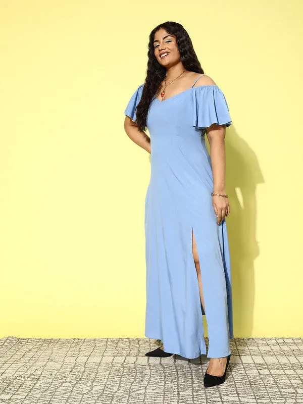 Berrylush Women Plus Size Solid Blue Off-Shoulder Neck Cold-Shoulder Sleeve Thigh-High Slit Flared Maxi Dress