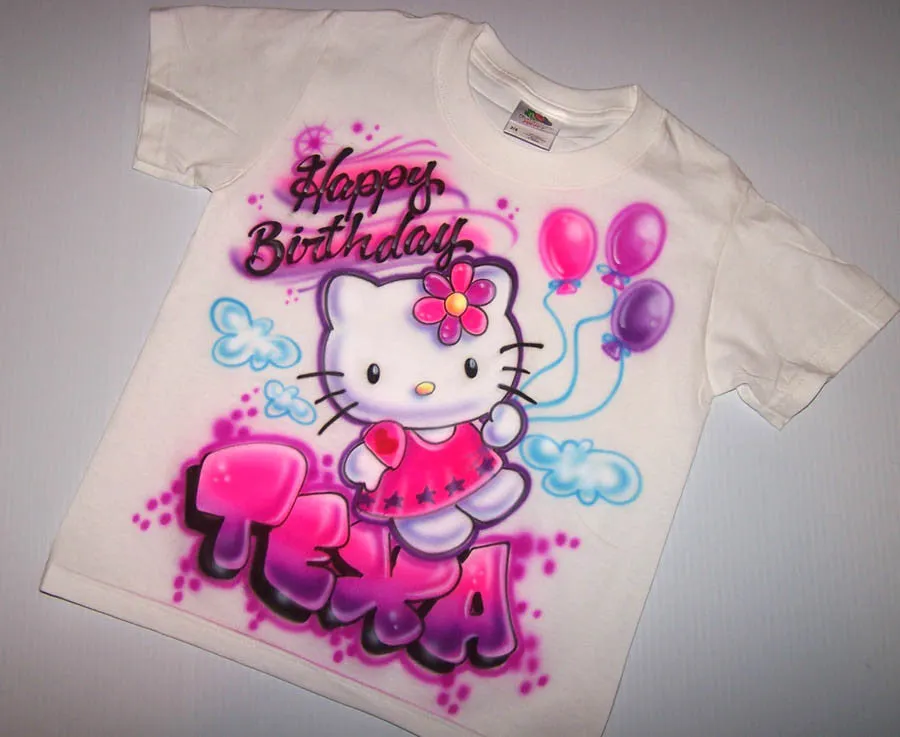 Birthday Kitty & Balloons Personalized Airbrushed T-Shirt Or Sweatshirt