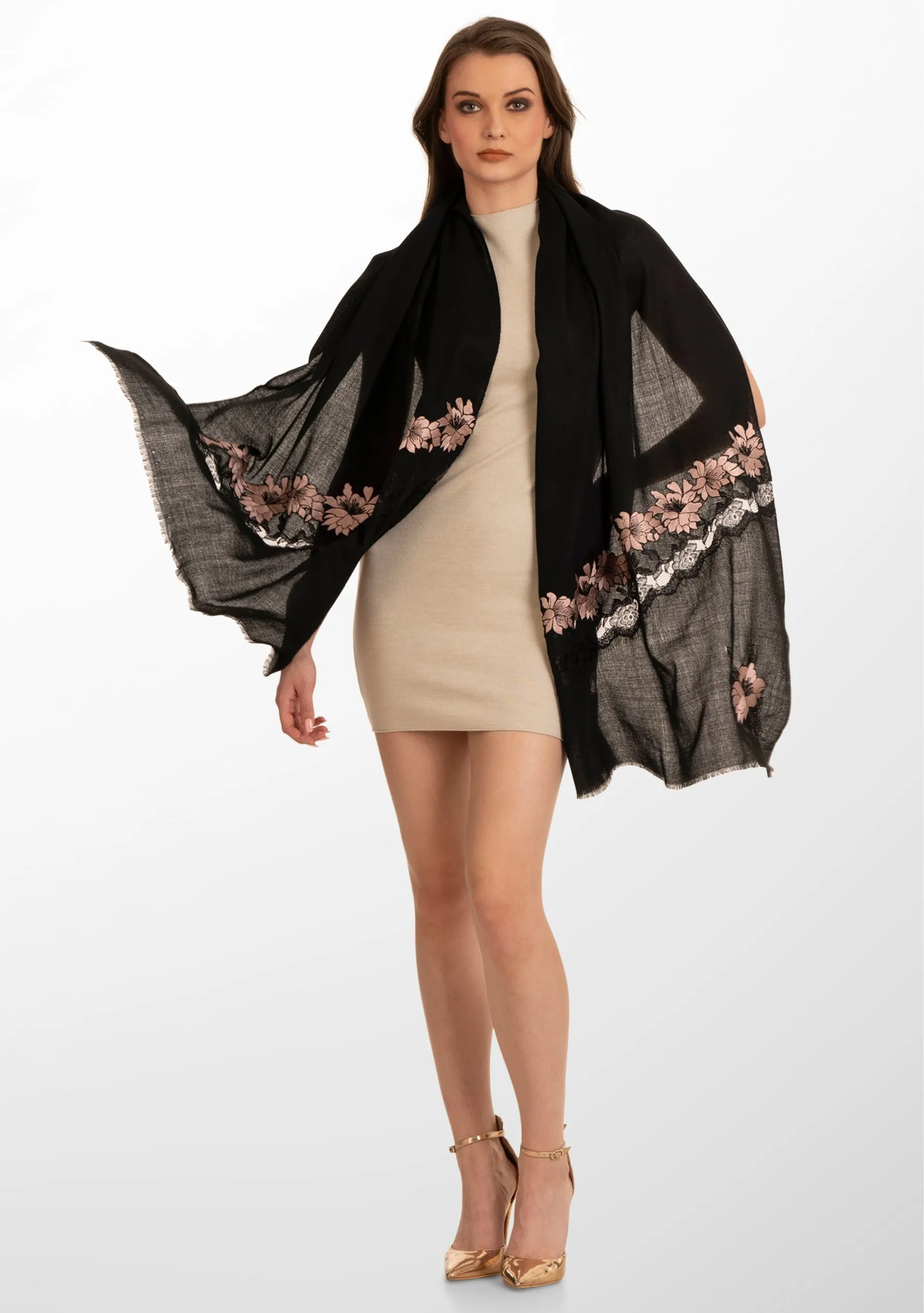 Black Cashmere Scarf with Lt. Copper Floral Embroidery and Black Filigree Lace Panel