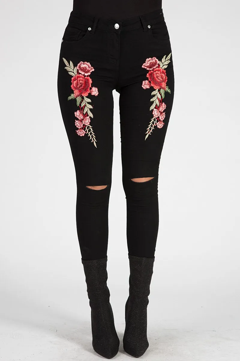 Black Floral Embroidered Ripped Skinny Jeans - Ariel