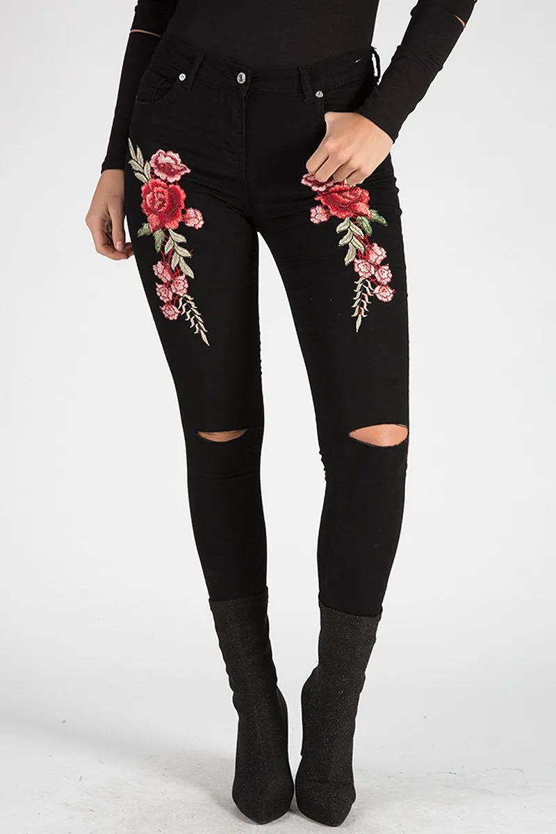 Black Floral Embroidered Ripped Skinny Jeans - Ariel