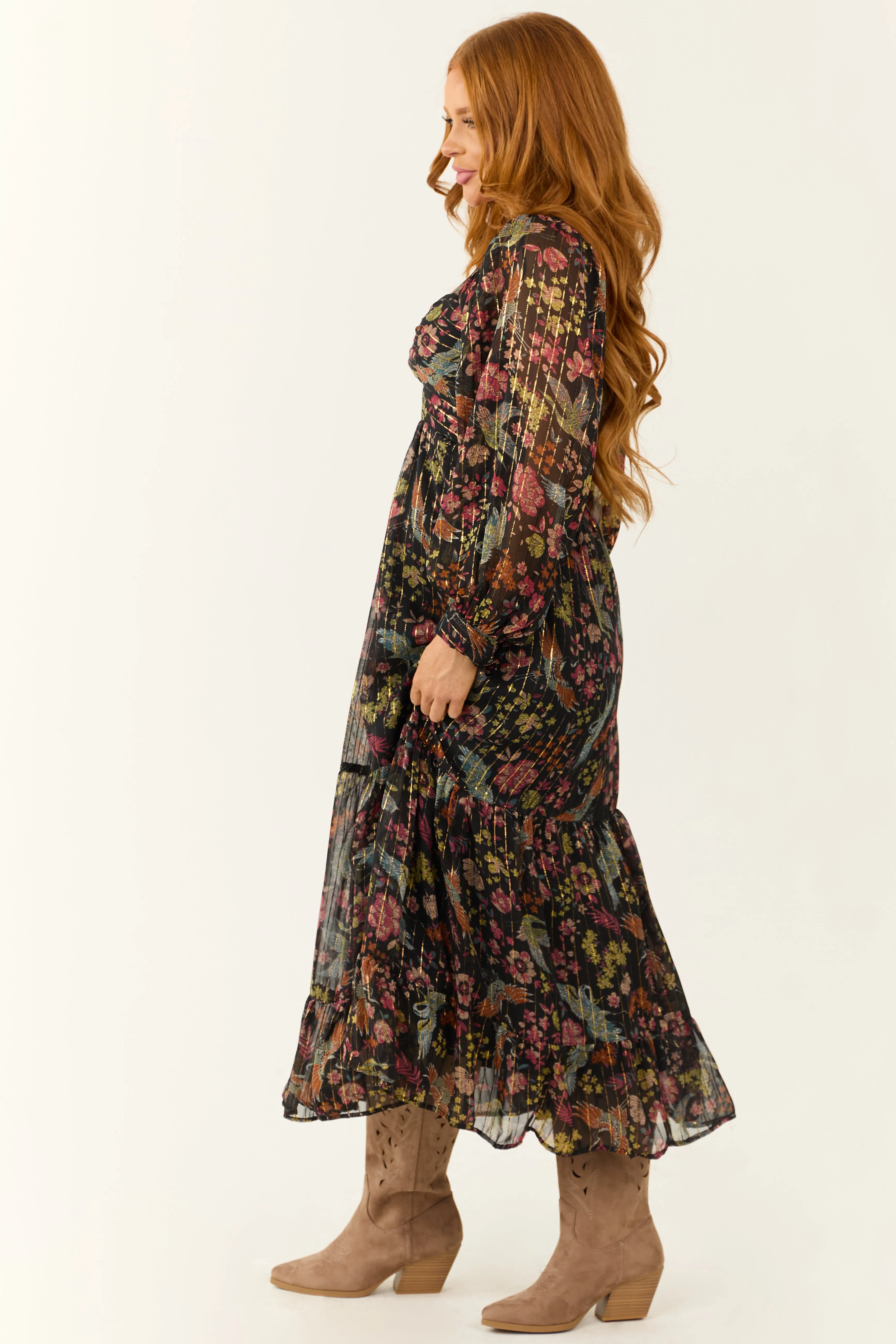 Black Floral Print Front Twist Maxi Dress