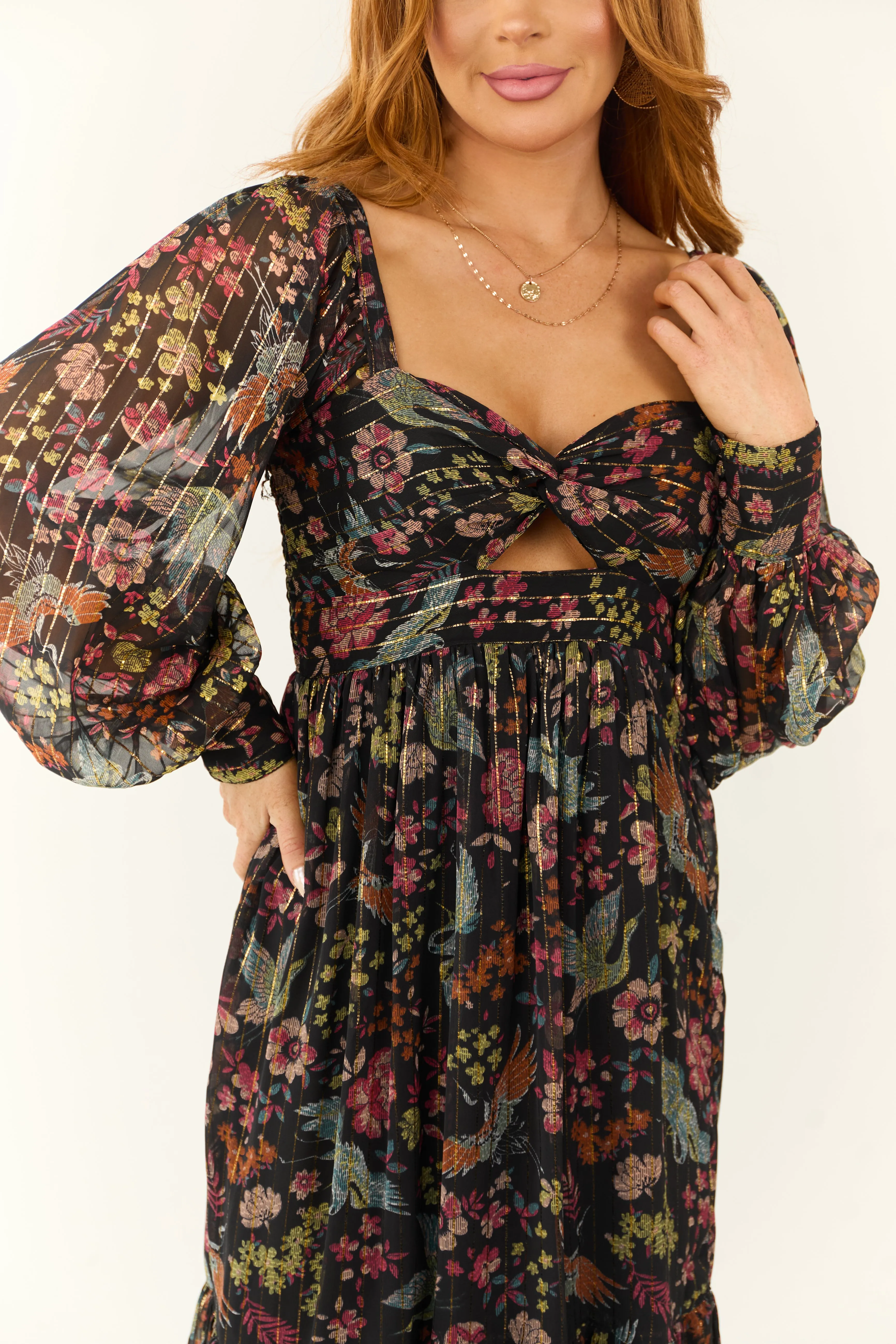 Black Floral Print Front Twist Maxi Dress