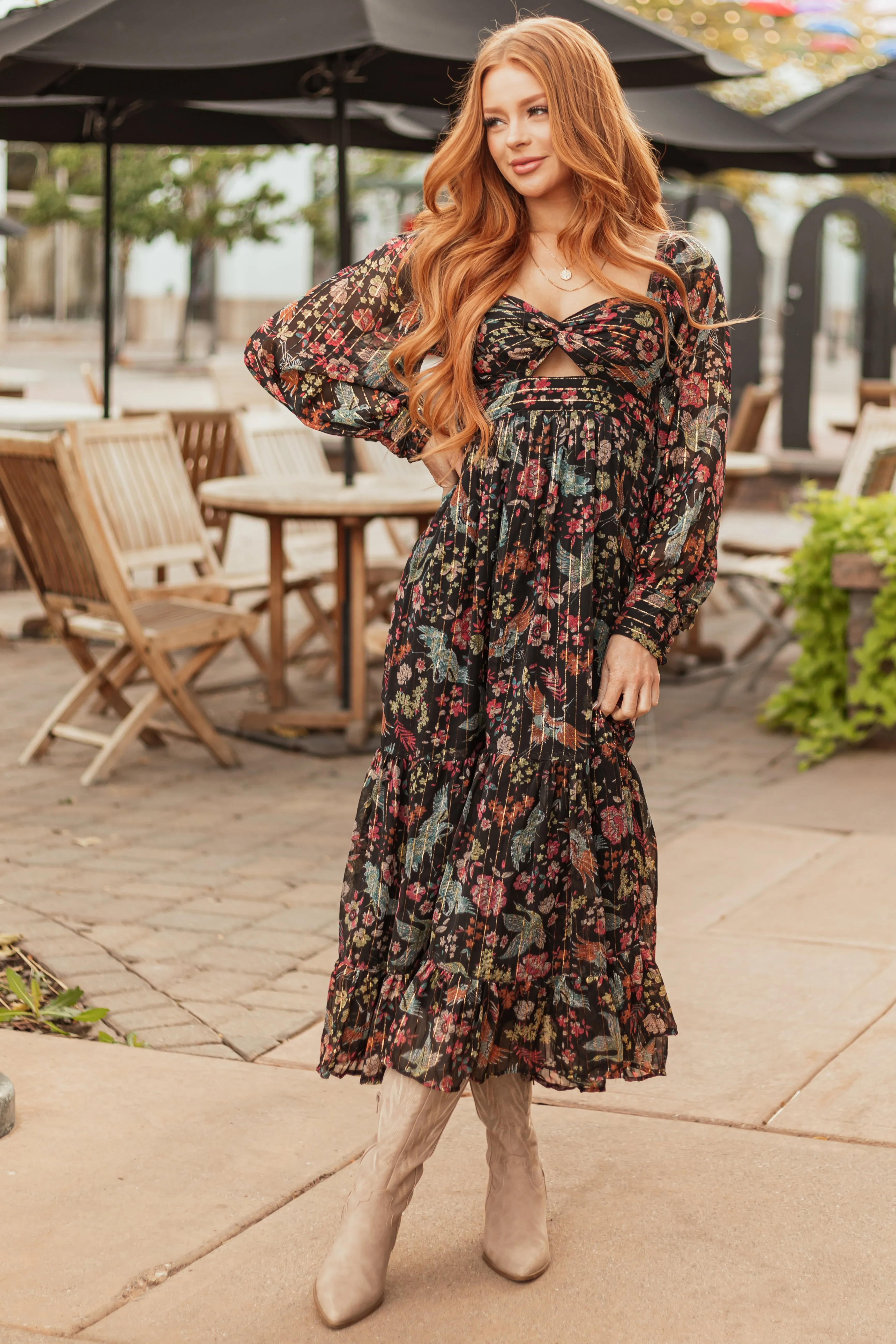 Black Floral Print Front Twist Maxi Dress