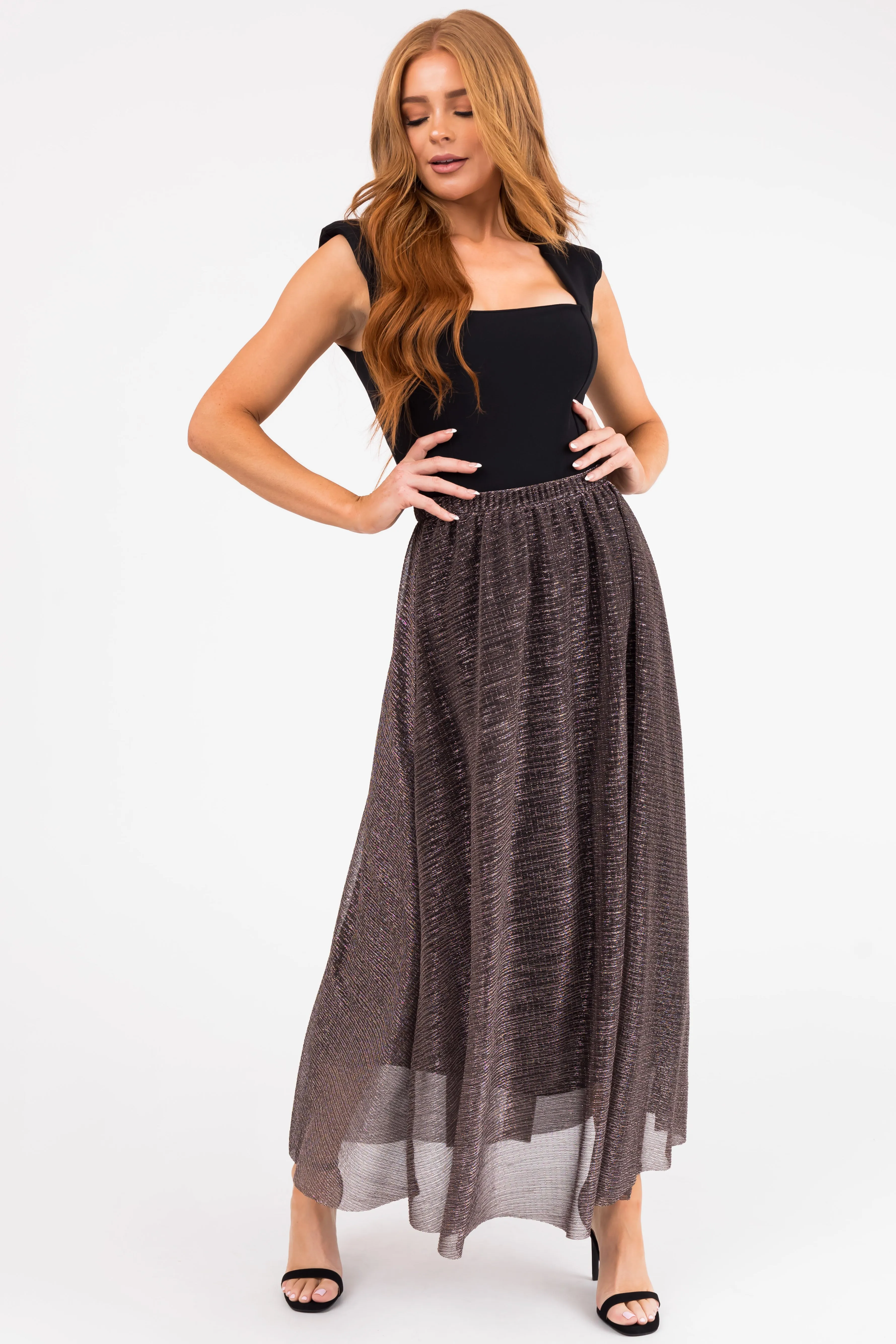 Black Shiny Metallic Elastic Waist Maxi Skirt