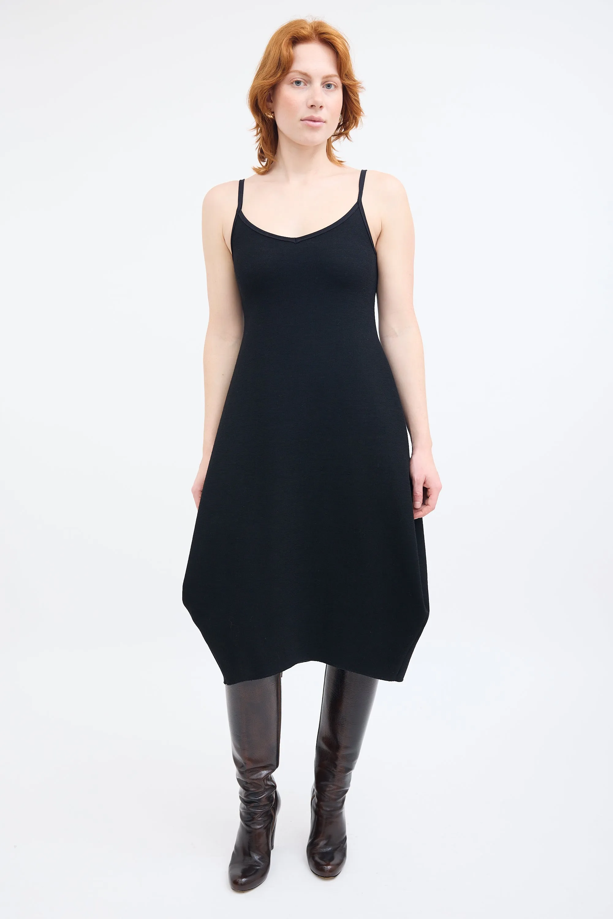 Black Wool V-Neck Midi Dress