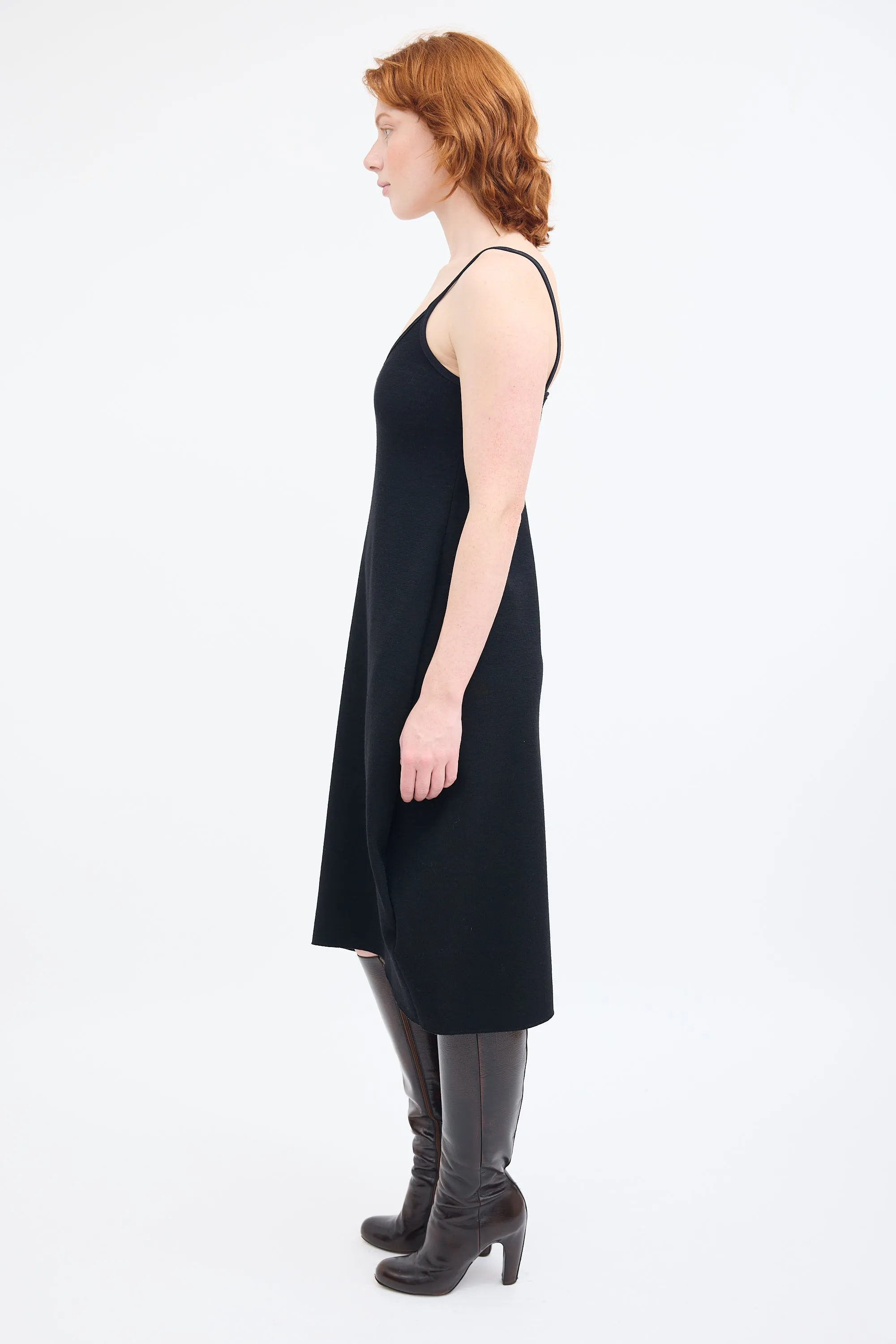 Black Wool V-Neck Midi Dress