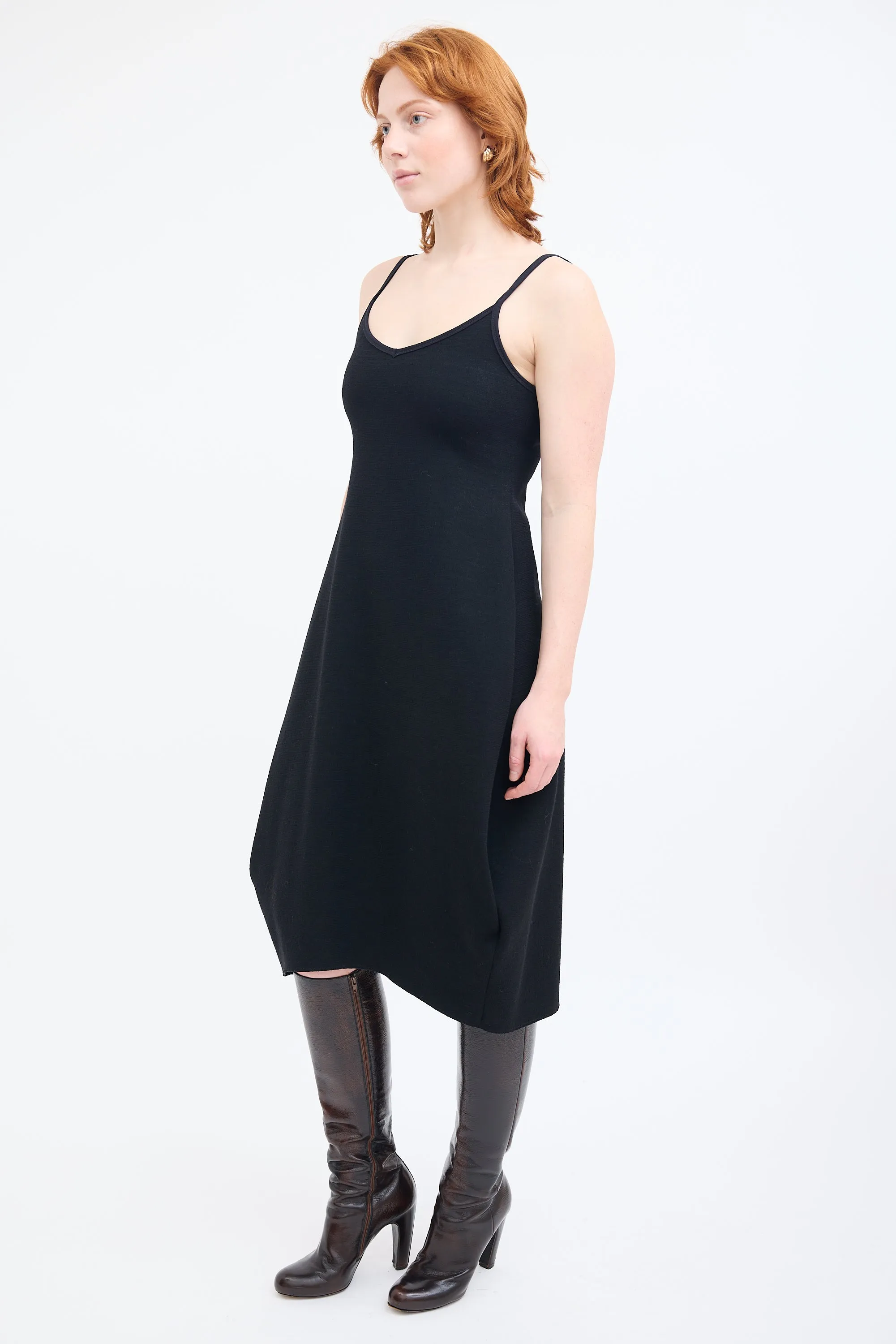 Black Wool V-Neck Midi Dress