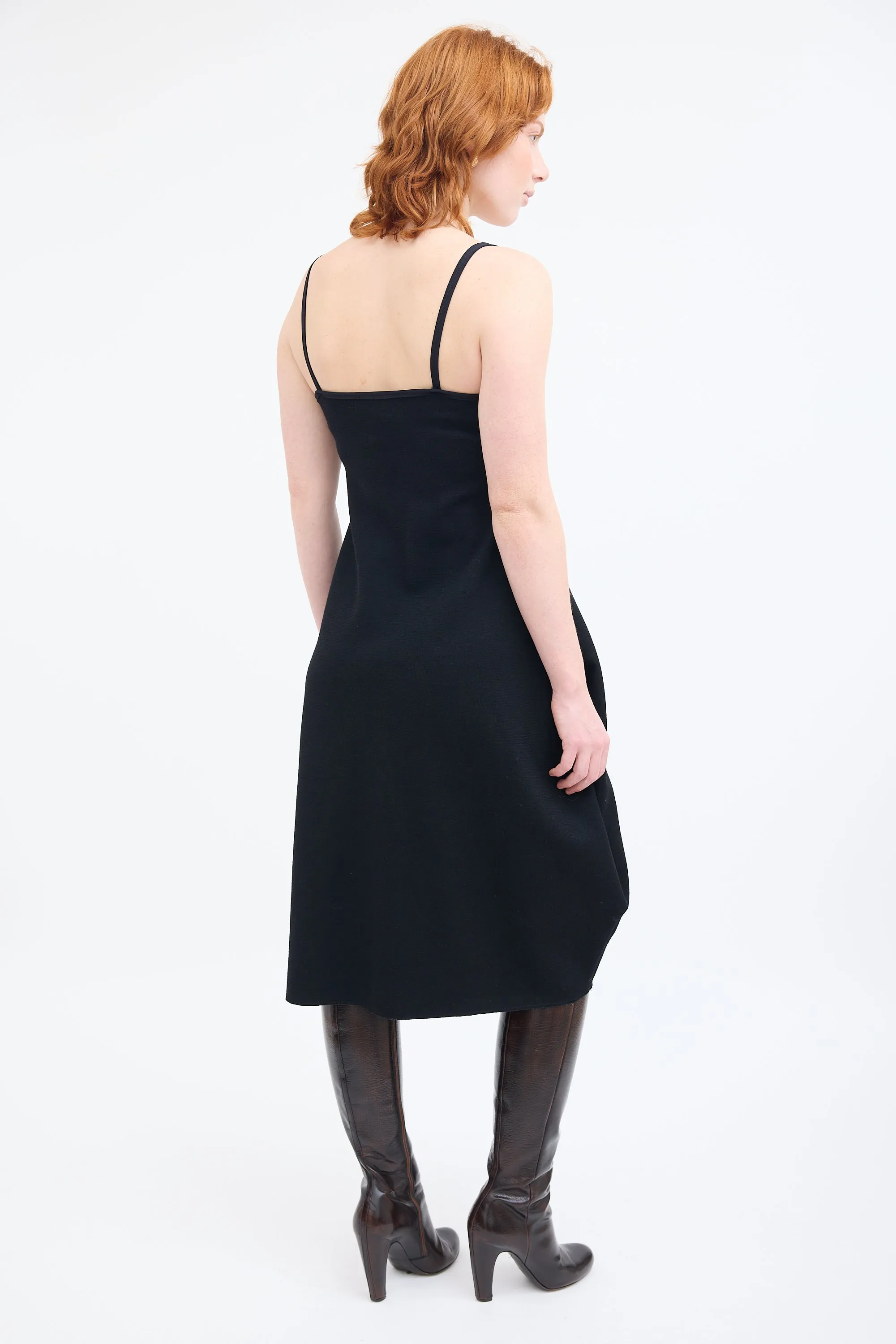 Black Wool V-Neck Midi Dress