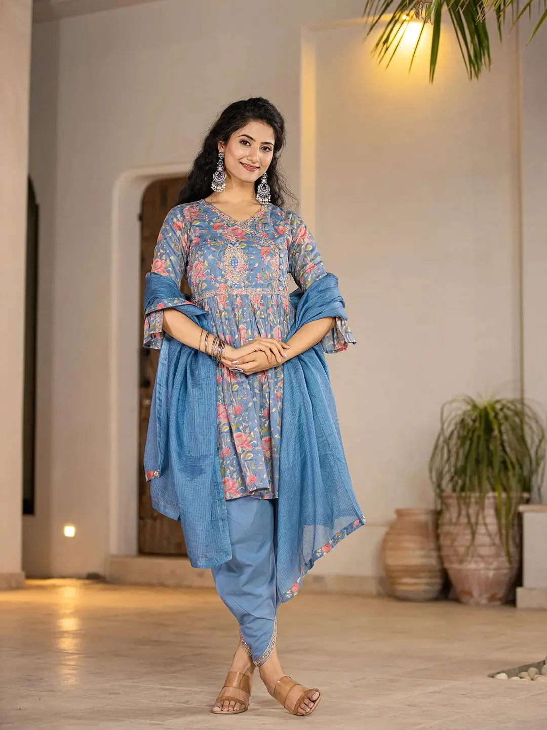 Blue Cotton Floral Print & Embroidered A Line Angrakha Kurta Dhoti Set with Voile Dupatta