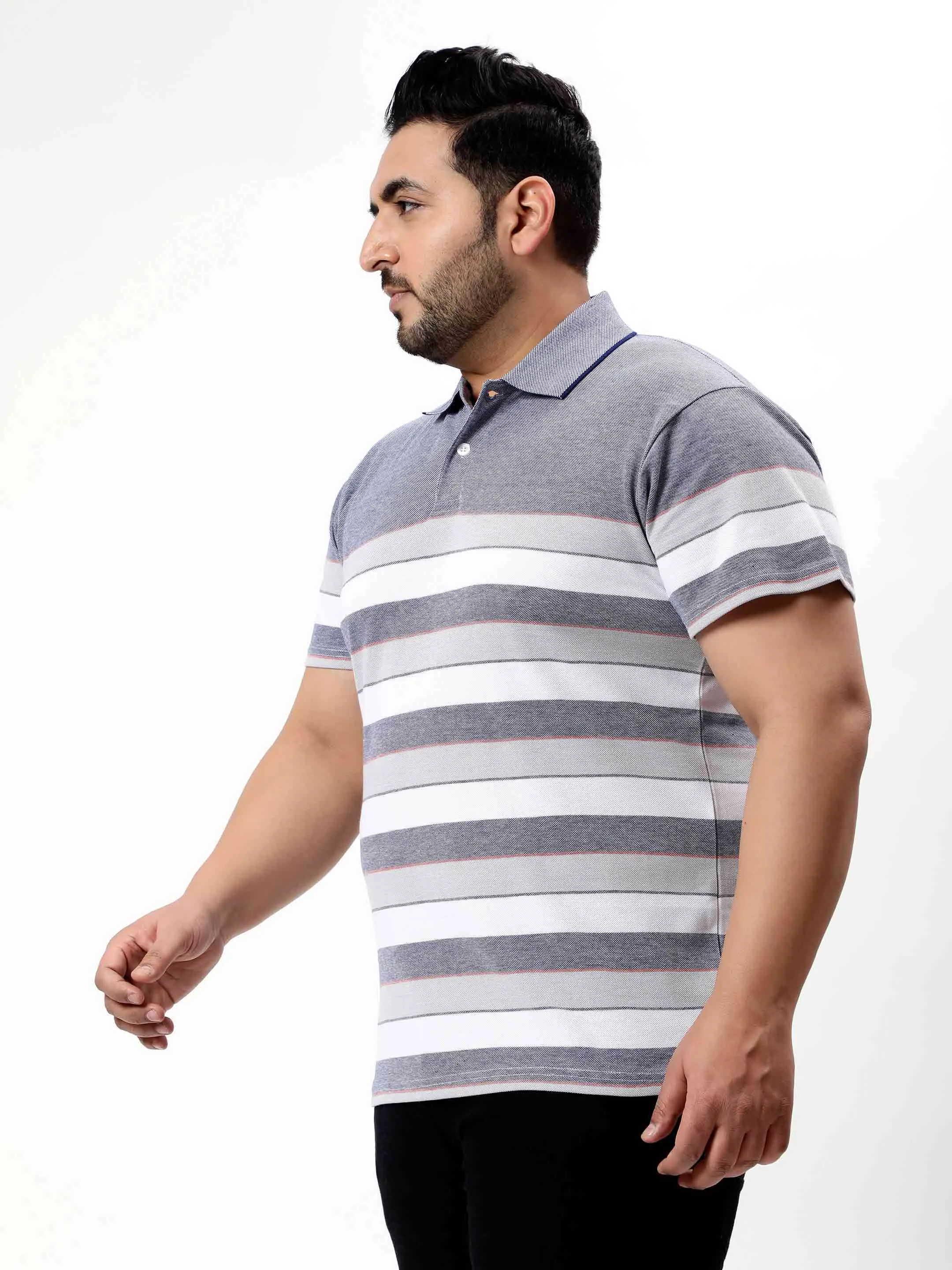 Blue Heather Horizontal Striped Premium Polo T-shirt