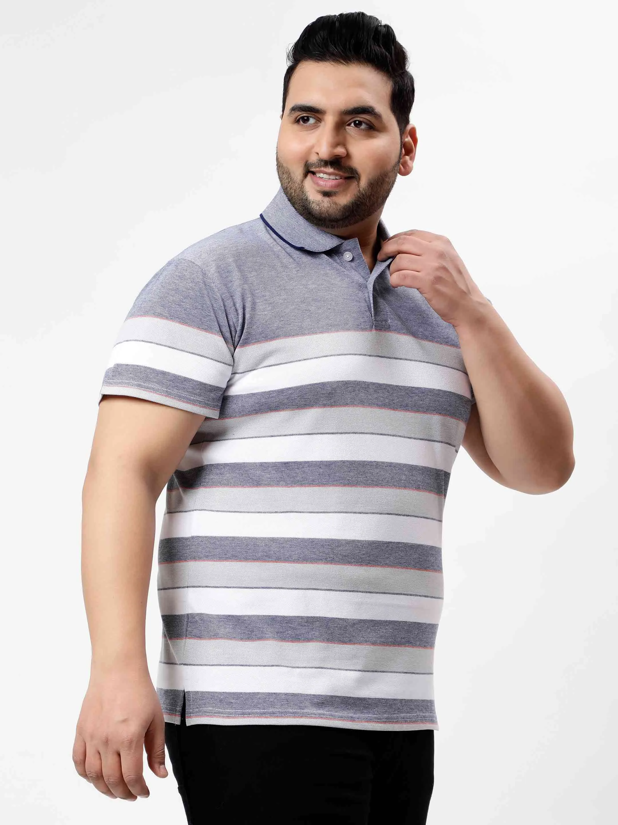 Blue Heather Horizontal Striped Premium Polo T-shirt