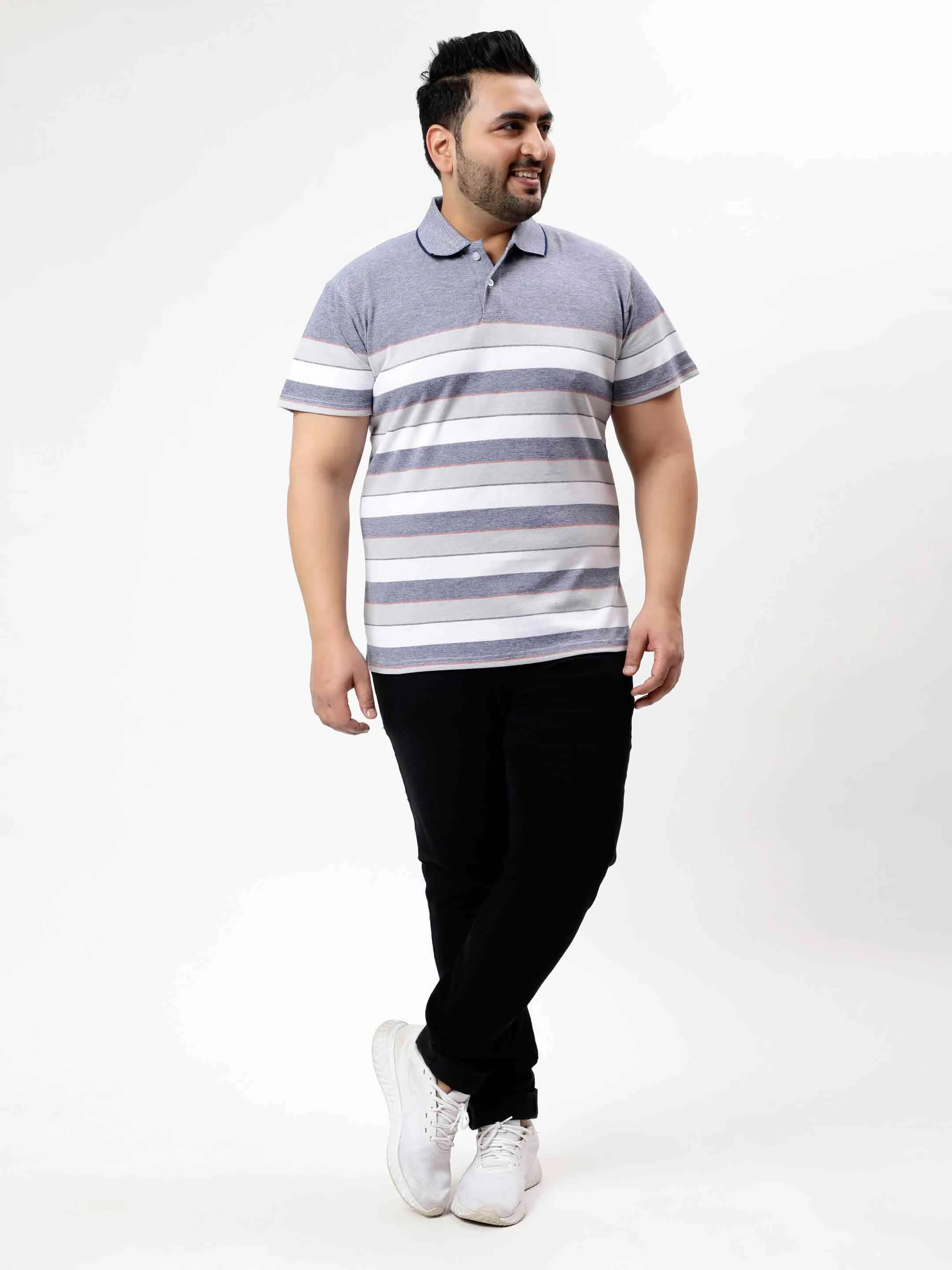 Blue Heather Horizontal Striped Premium Polo T-shirt