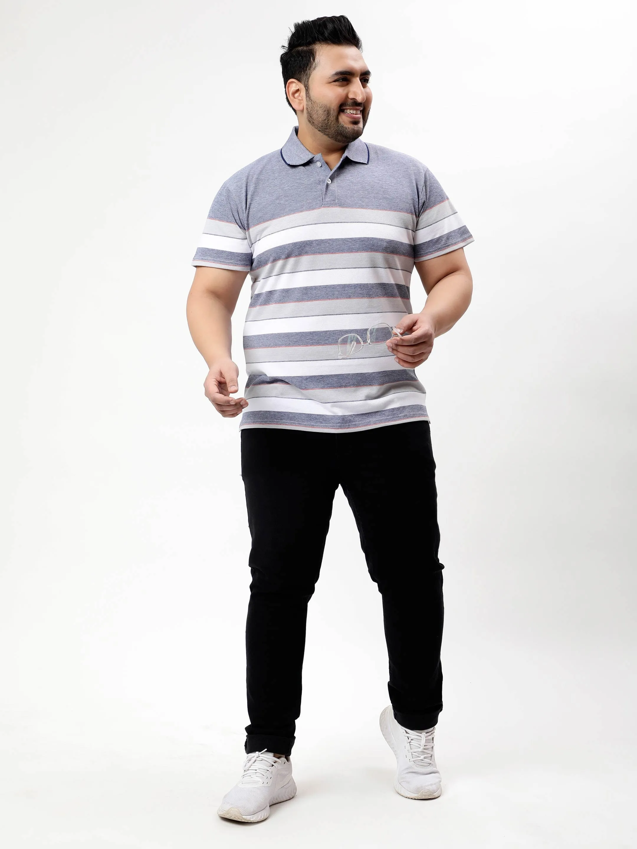 Blue Heather Horizontal Striped Premium Polo T-shirt