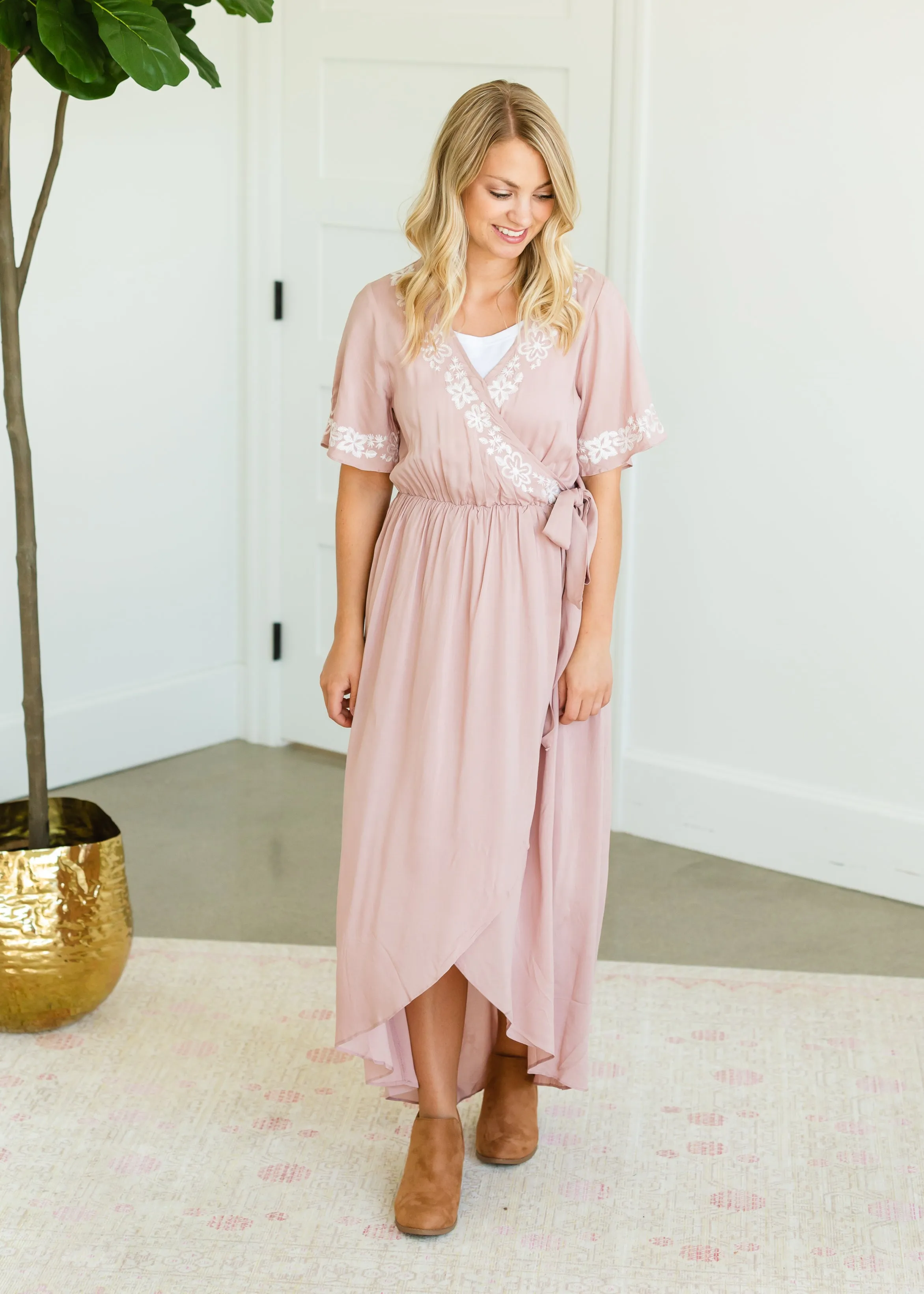 Blush Hi-Lo Embroidered Detail Midi Dress - FINAL SALE