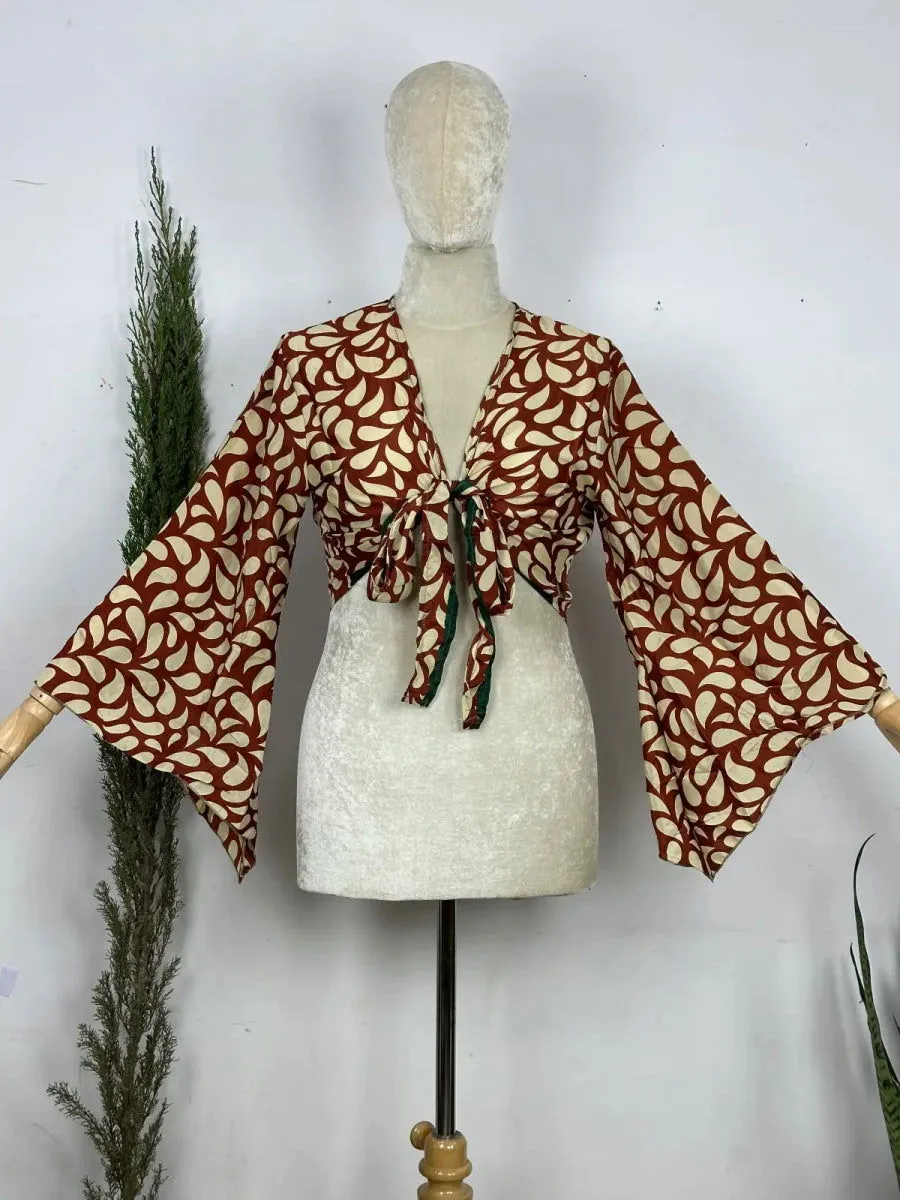 Bohemian Hippie Long Bell Sleeve Wrap Top with Front Tie, Colorful Paisley and Flower Pattern, Festival Boho Fairy Goddess, Summer Going Out | Rust Beige Motifs