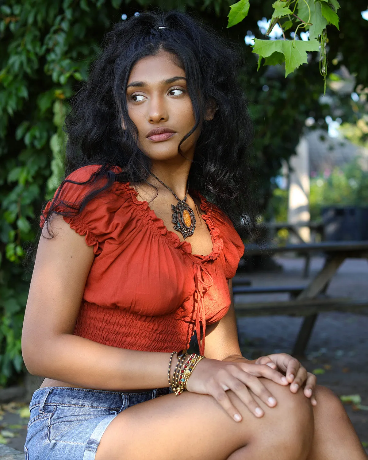 Boho Cotton Bardot Crop Top Dark Orange