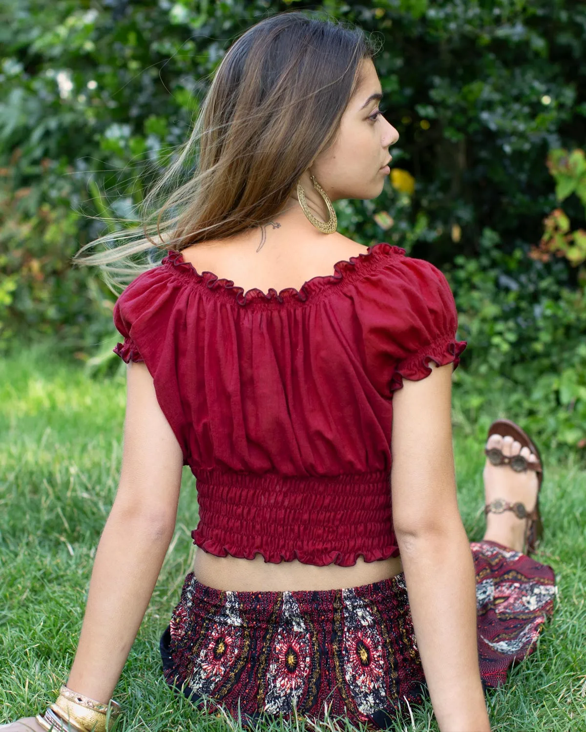 Boho Cotton Bardot Crop Top Dark Red