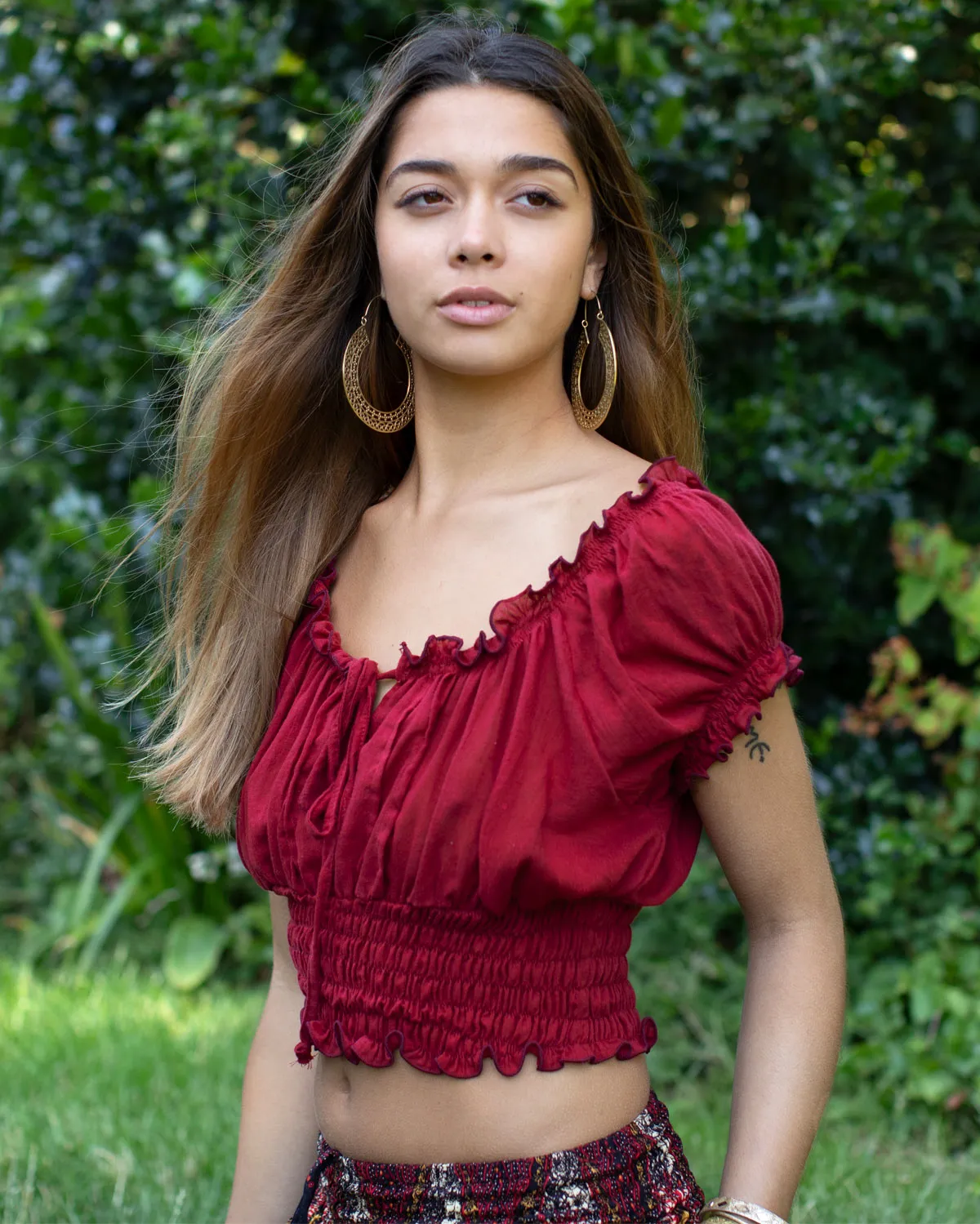 Boho Cotton Bardot Crop Top Dark Red