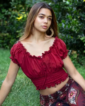 Boho Cotton Bardot Crop Top Dark Red