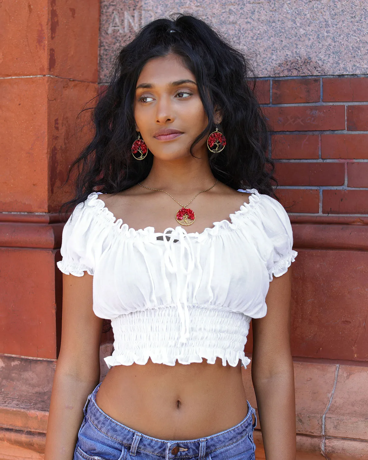 Boho Cotton Bardot Crop Top White