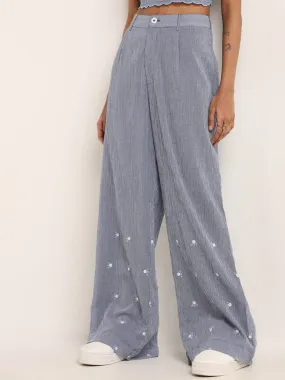 Bombay Paisley Blue Embroidered Wide-Leg High Rise Pants