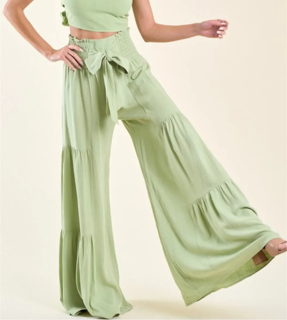 Bridget Smocked Wide Leg Pants - Lime