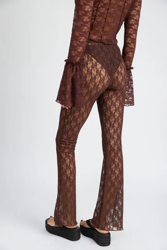 BROWN LACE FLARED MESH PANTS