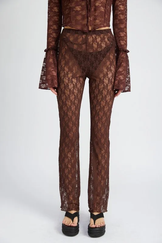 BROWN LACE FLARED MESH PANTS