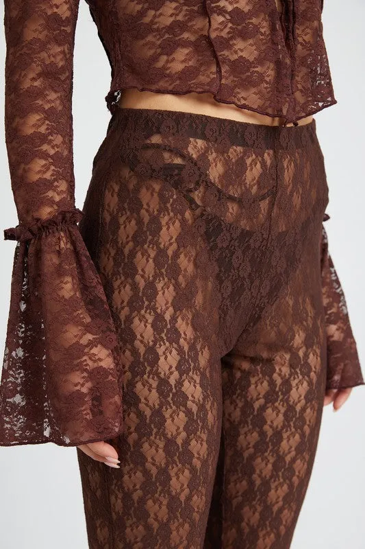 BROWN LACE FLARED MESH PANTS