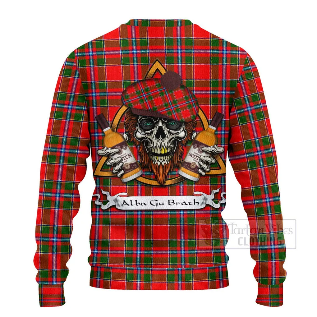 Butter Tartan Ugly Sweater with Family Crest and Bearded Skull Holding Bottles of Whiskey