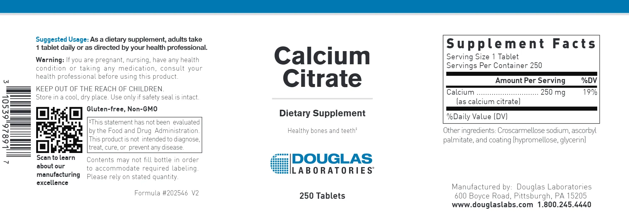 Calcium Citrate 250 mg. 250 Tablets - Special Order