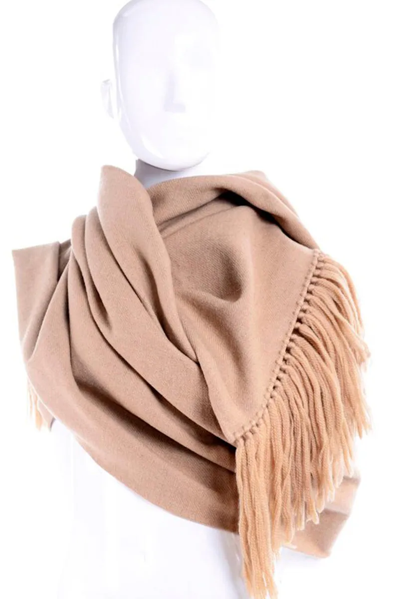 Camel Wool Vintage Blanket Scarf or Wrap w/ Long Tassels